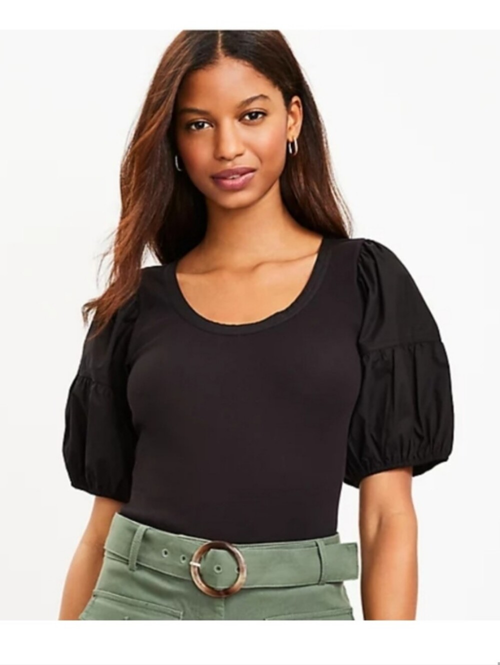 LOFT Black Puff Sleeve Scoop Neck Mixed-Media Top